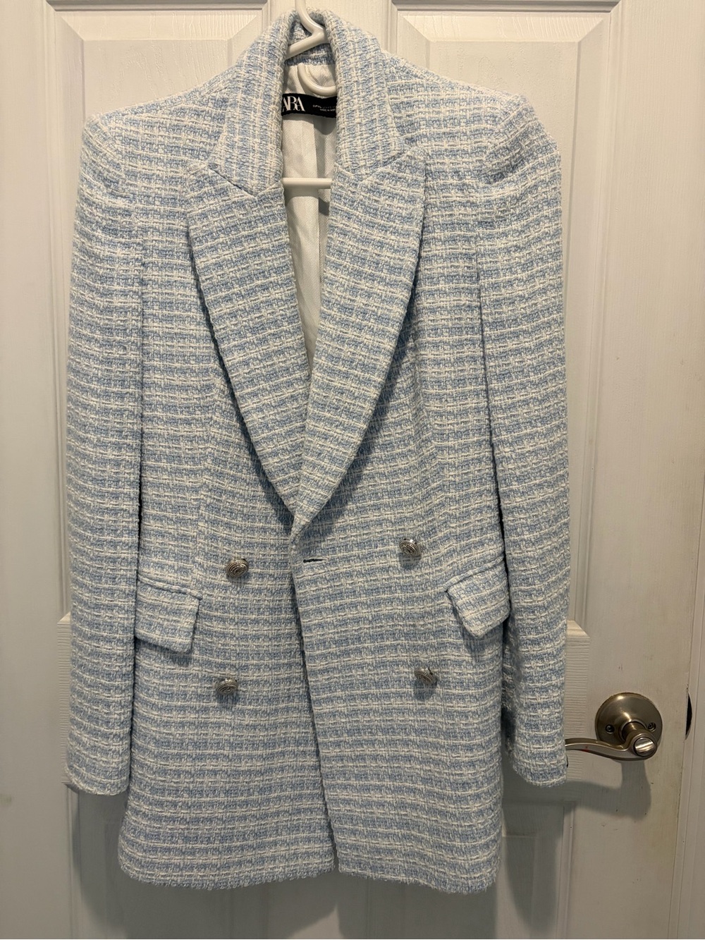 Zara Pale Blue Tweed Double-Breasted Blazer